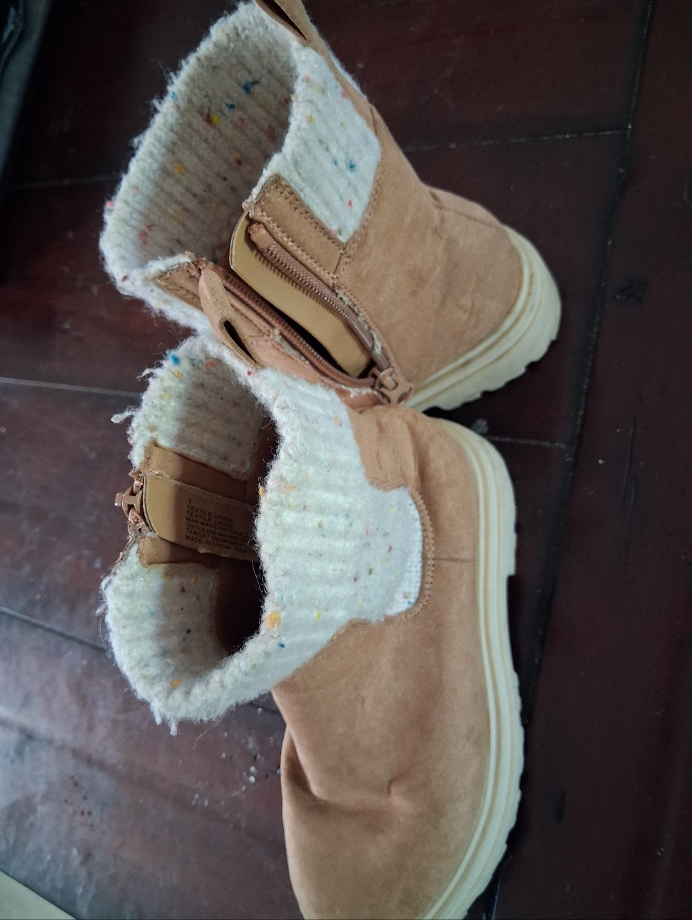 Cozy Tan Suede Ankle Booties with Speckled Knit Cuff